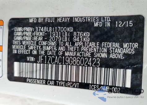 2016 Subaru Brz 2.0 Limited из США, поврежденный, VIN JF1ZCAC19G8602423